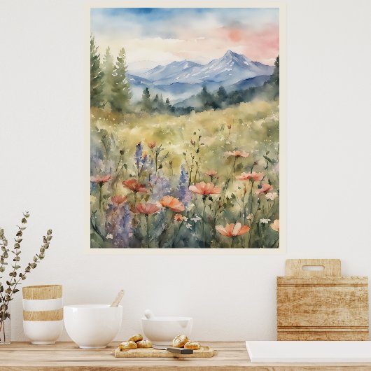 Poppies in het veld bergen natuurlijke scène poster (Keuken)