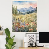 Poppies in het veld bergen natuurlijke scène poster (Thuiskantoor)