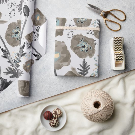 Poppies Modern Grey Waterverf Floral Pattern Cadeaupapier