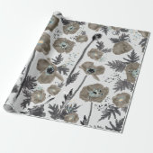 Poppies Modern Grey Waterverf Floral Pattern Cadeaupapier (Uitgerold)