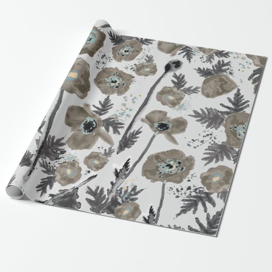 Poppies Modern Grey Waterverf Floral Pattern Cadeaupapier (Uitgerold)