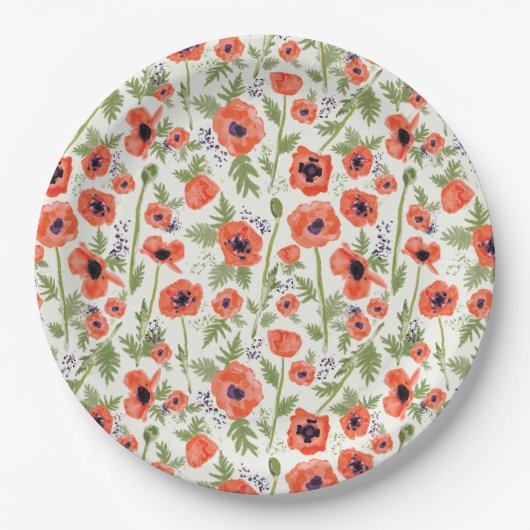 Poppies Oranje Waterverf Floral Pattern Papieren Bordje (Voorkant)