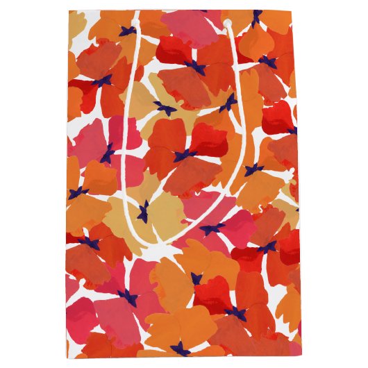 Poppies Patroon in Roze Sinaasappel en Geel op Wit Medium Cadeauzakje (Voorkant)