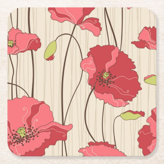 Poppies Patroon Retro Kartonnen Onderzetters (Voorkant)