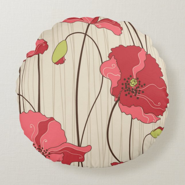 Poppies Patroon Retro Rond Kussen (Voorkant)