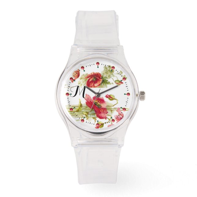 POPPIES Red White Floral Monogram Horloge (Voorkant)