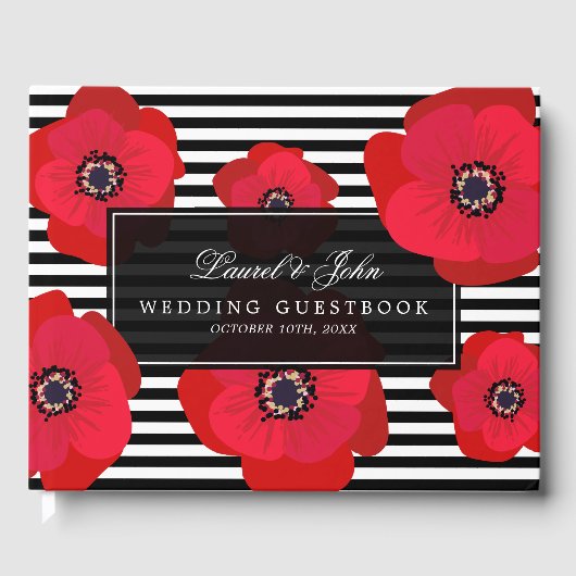 Poppies & Stripes - Zwart & Rood Huwelijk Gastenboek (Voorkant)