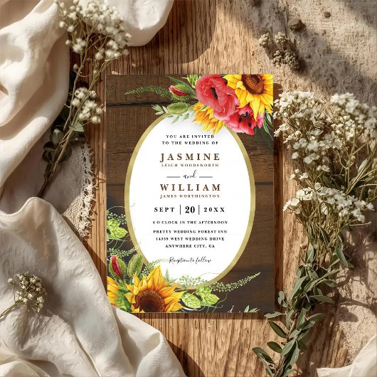 Poppies Sunflowers Rustic Elegant QR Code Wedding Kaart