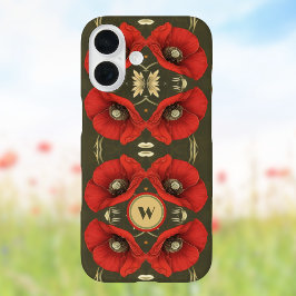 Poppies Vintage Gold Red Art Nouveau Monogram iPhone 16 Hoesje