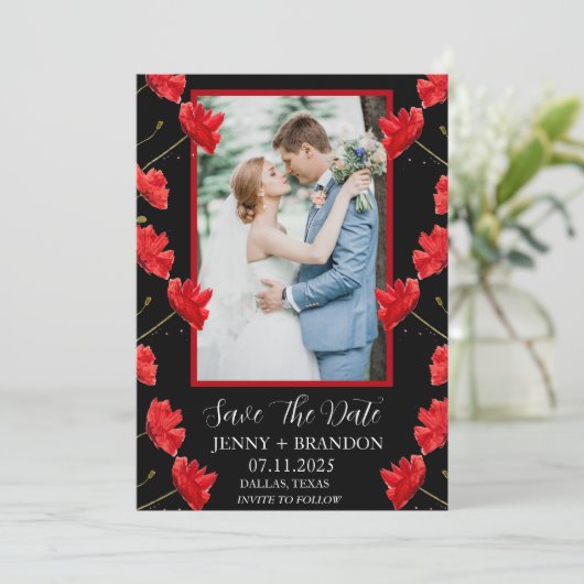 Poppies Waterverf Elegant Rood Bloemen Foto Save The Date (Staand voorkant)