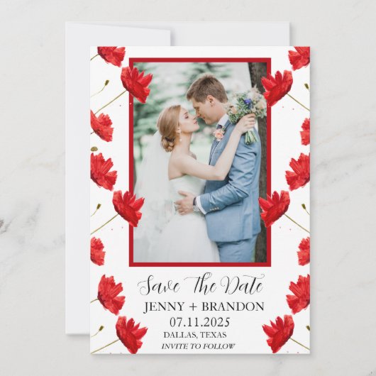 Poppies Waterverf Elegant Rood Bloemen Foto Save The Date (Voorkant)