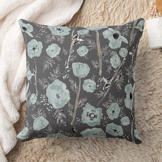 Poppies Waterverf Floral Blue Black Flowers Kussen (Poppies Watercolor Floral Blue Black Flowers Throw Pillow from Jenn Steffen for Studio Posies. )