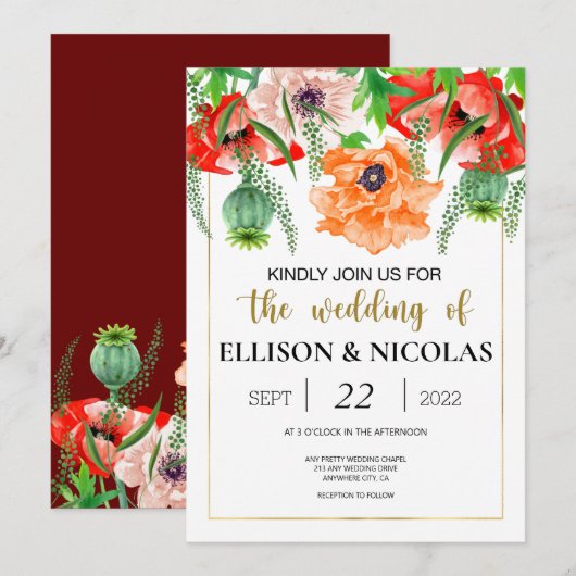 Poppies Waterverf Wedding Invitation (Voorkant / Achterkant)