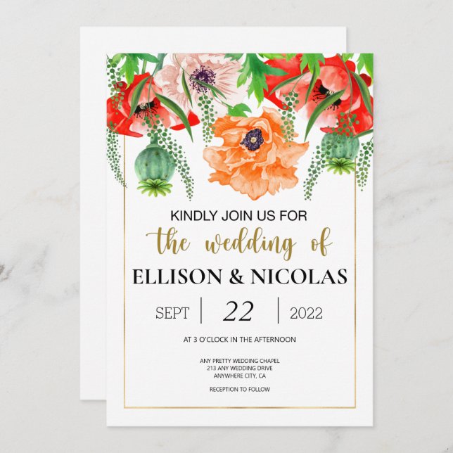 Poppies Waterverf Wedding Invitation (Voorkant / Achterkant)