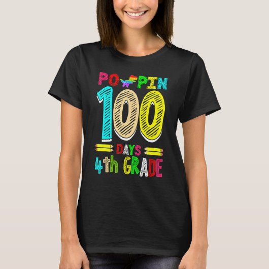 Poppin 100 Days 4th Grade Dinosaur Primary School T-shirt (Voorkant)