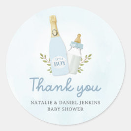 Poppin Bottles Boy Baby shower Favor Ronde Sticker