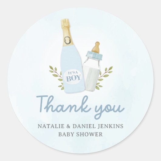Poppin Bottles Boy Baby shower Favor Ronde Sticker (Voorkant)