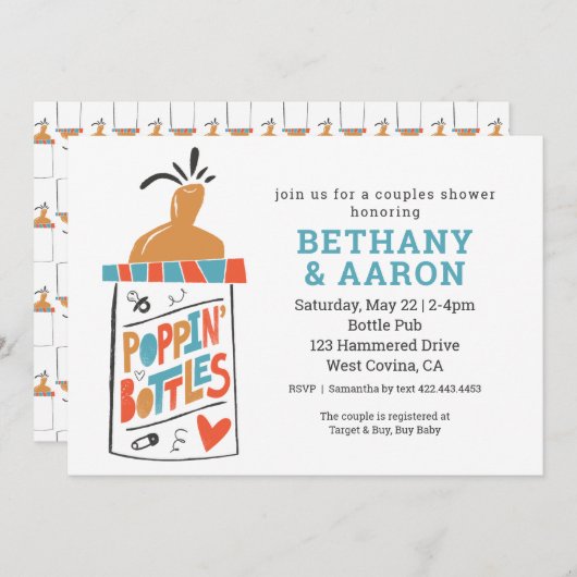 Poppin Bottles Couples Baby shower Uitnodiging (Voorkant / Achterkant)