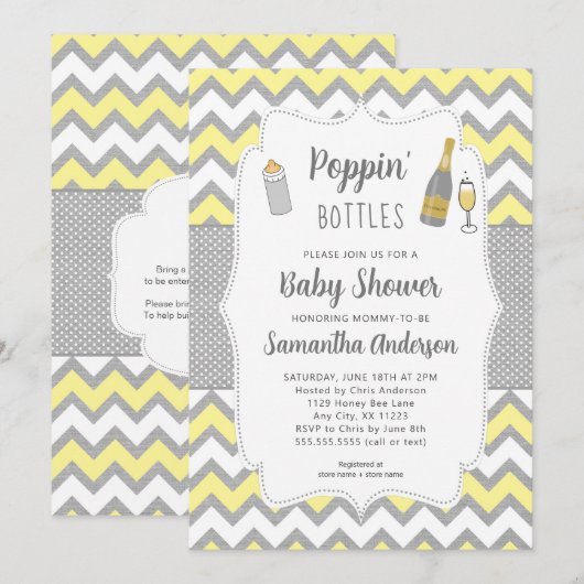 Poppin' Bottles Geel Grijs Baby shower Kaart (Voorkant / Achterkant)