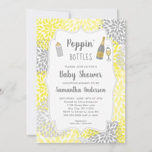 Poppin' Bottles Geel Grijs Bloemen Baby shower Kaart (Voorkant)