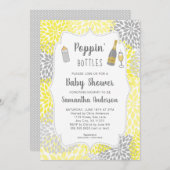 Poppin' Bottles Geel Grijs Bloemen Baby shower Kaart (Voorkant / Achterkant)
