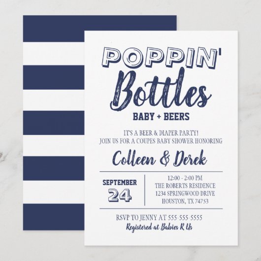 Poppin’ Bottles Navy Blue Baby shower Invitation Kaart (Voorkant / Achterkant)