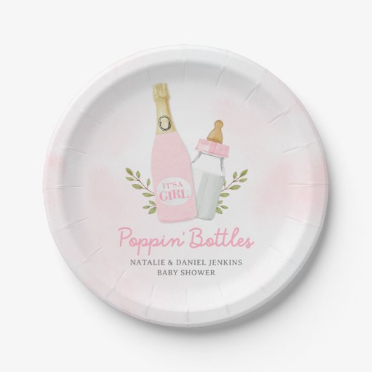 Poppin flesjes Baby shower Roze Papieren Bordje (Voorkant)