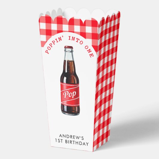 Poppin in een frisdrank geplakt rood 1e verjaardag bedankdoosjes (Voorkant)