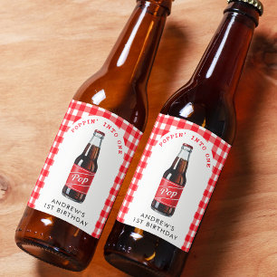 Poppin in een frisdrank geplakt rood 1e verjaardag bier etiket