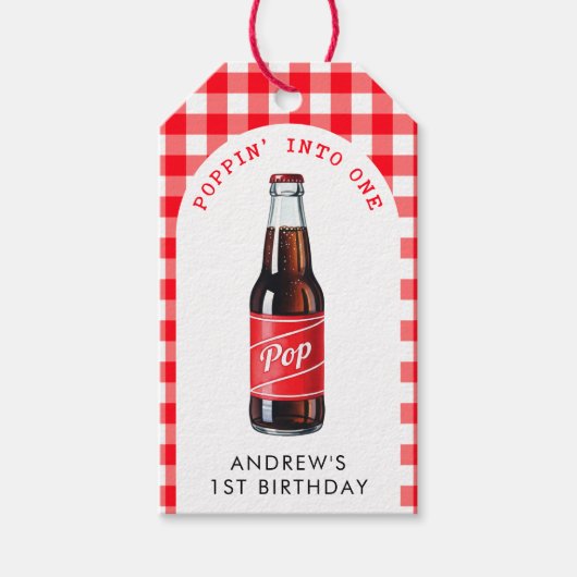 Poppin in een frisdrank geplakt rood 1e verjaardag cadeaulabel (Voorkant)