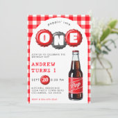 Poppin in een frisdrank geplakt rood 1e verjaardag kaart (Staand voorkant)