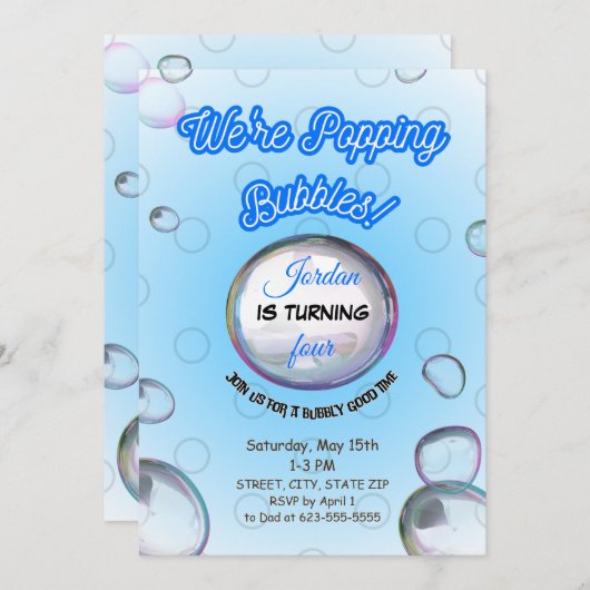 Popping Bubbles Blauwe Uitnodiging (Voorkant / Achterkant)