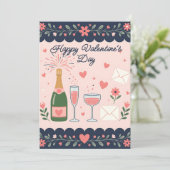 Popping Champagne Bottle & Hearts Valentine's Day Feestdagenkaart (Staand voorkant)