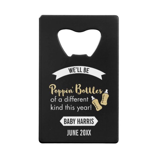Popping flesjes Happy New Year Baby Announding Creditkaart Flessenopener (Voorkant)