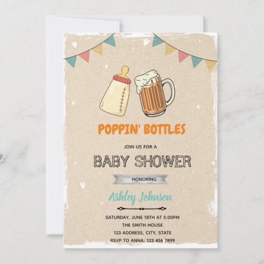 Popping flessen baby shower themauitnodiging kaart (Voorkant)