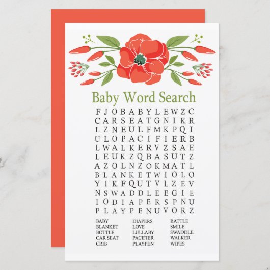 Poppy Baby shower Word Search Game (Voorkant / Achterkant)
