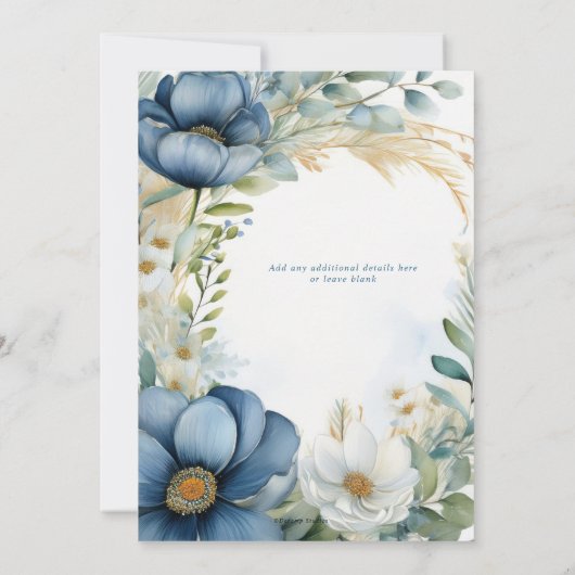 Poppy Blauw Wit Bloemen Boho Huwelijksuitnodiging Kaart (Achterkant)