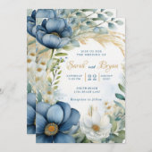 Poppy Blauw Wit Bloemen Boho Huwelijksuitnodiging Kaart (Voorkant / Achterkant)