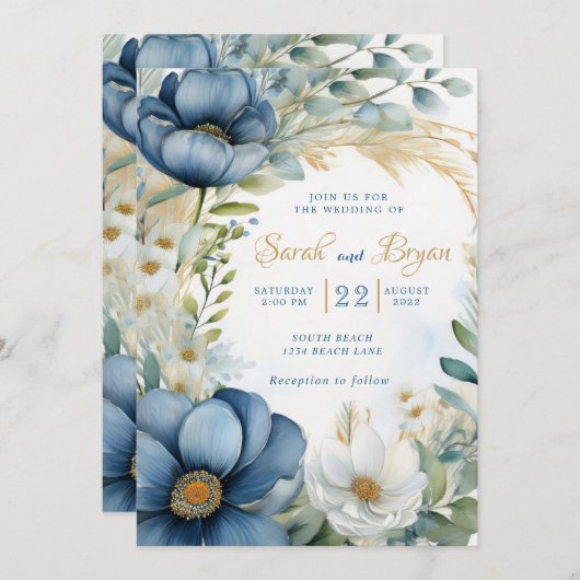 Poppy Blauw Wit Bloemen Boho Huwelijksuitnodiging Kaart (Voorkant / Achterkant)