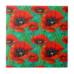 Poppy bloem naadloos patroon rood groen bloemen tegeltje