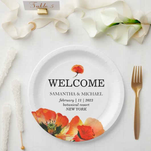 Poppy Bloem Rood Wit Bruiloft Papieren Bordje (Huwelijk)