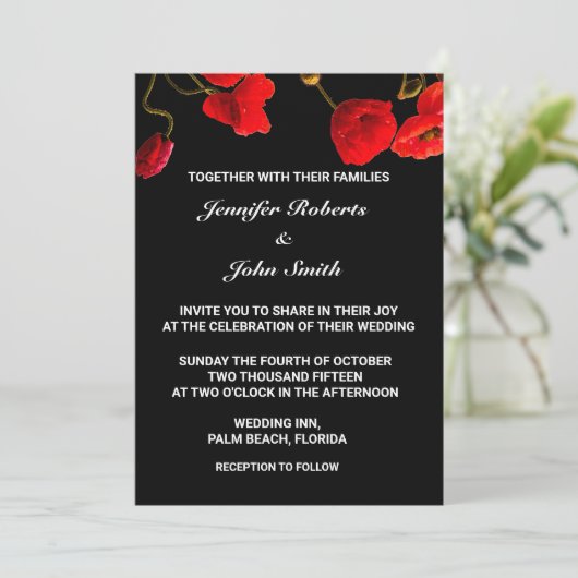 Poppy Bloemen Bloemen Rood Zwart Unieke bruiloft Kaart (Staand voorkant)