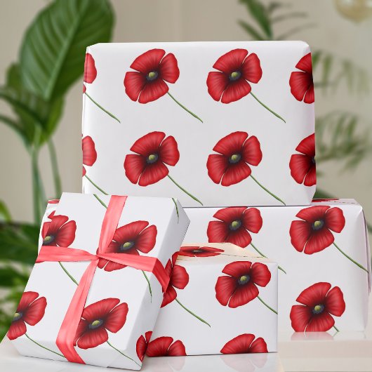 Poppy Bloemen Patroon Rood en Wit Inpakpapier