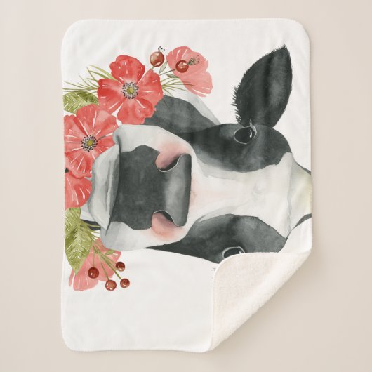 Poppy Boerderij - Koe met bloemen Sherpa Deken (Voorkant)