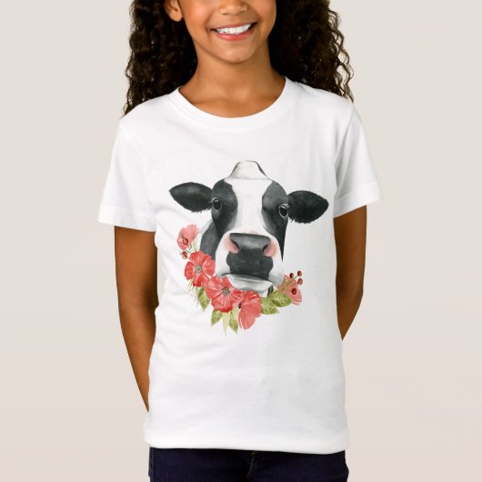 Poppy Boerderij - Koe met bloemen T-shirt (Voorkant)