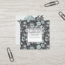 Poppy Charcoal Blue Grey Black Waterverf Floral Vierkante Visitekaartje
