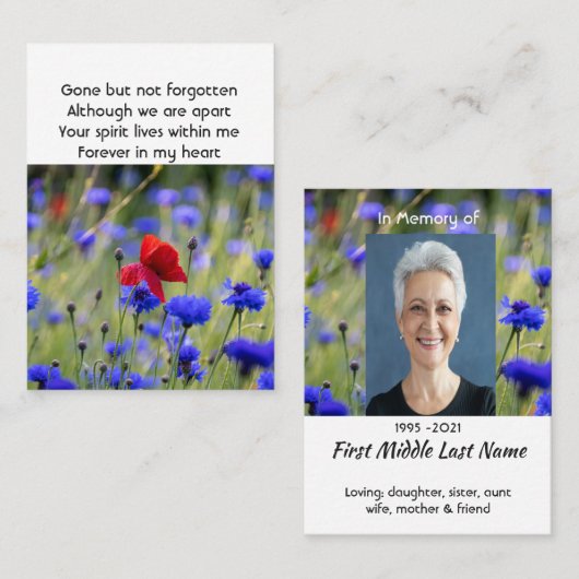 Poppy Cornflower Meadow  Memorial Pocket Keepsake Visitekaartje (Voorkant / Achterkant)
