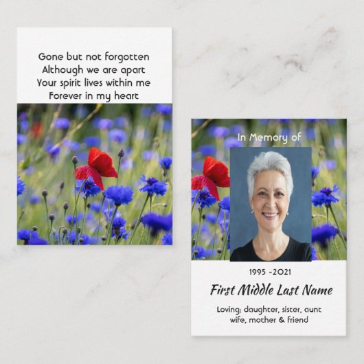Poppy Cornflower Meadow  Memorial Pocket Keepsake Visitekaartje (Voorkant / Achterkant)