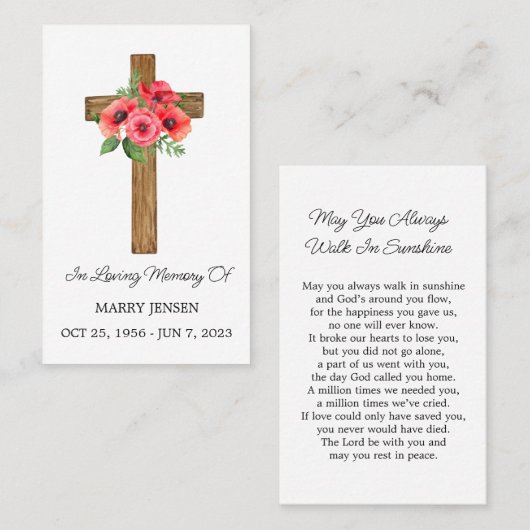 Poppy Cross Memorial Funeral Prayer Card Visitekaartje (Voorkant / Achterkant)