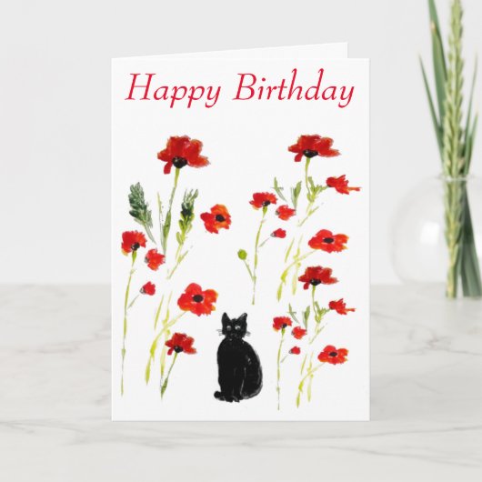 Poppy Cute Black Cat Floral Kaart (Voorkant)